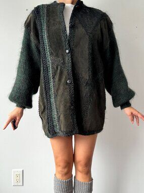 80s vintage dark green suede leather textured mohair knit patchwork coat jacket